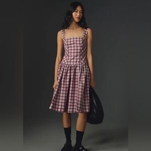 Anthropologie Maeve Plaid Square Neck Drop Waist Midi Dress Size 10 M